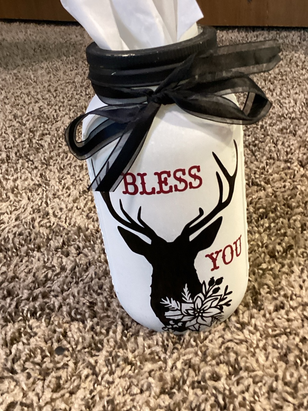 Hand-Painted White Mason Jar Decor with Black Deer Silhouette - 'Bless You'